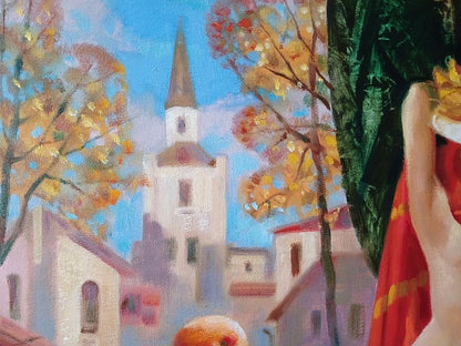 Abstract oil painting Golden autumn by Anatoly Tarabanov, vibrant church steeple scene