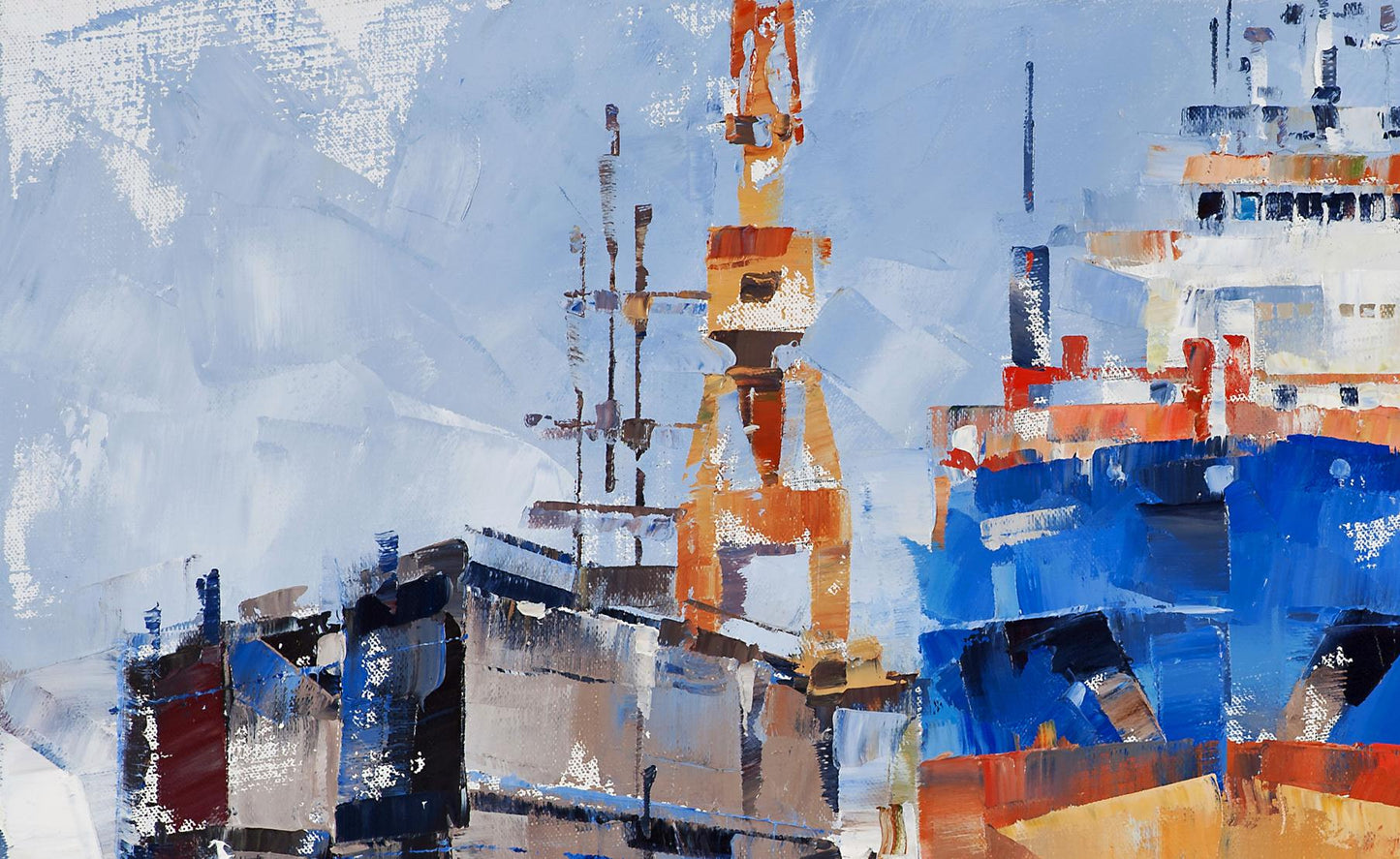Oil painting Cargo ship Eileen C by Volodymyr Gluhomanyuk in blue orange gray