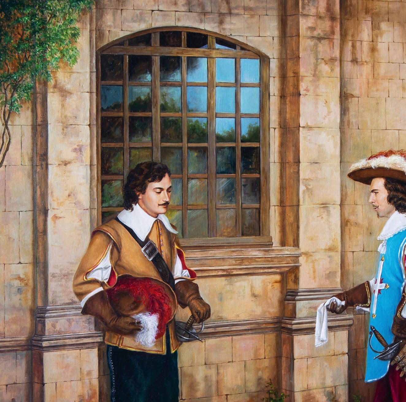 Oil painting Paris is not paved with handkerchiefs by Valeriy Bulat, two 17th-century men with feathered hat
