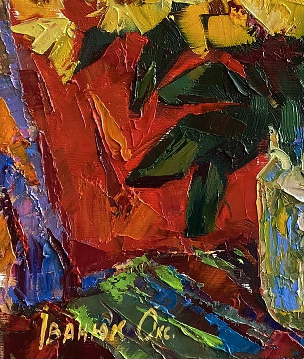 Vibrant impressionist oil painting of sunflowers on red background by Oksana Ivanyuk