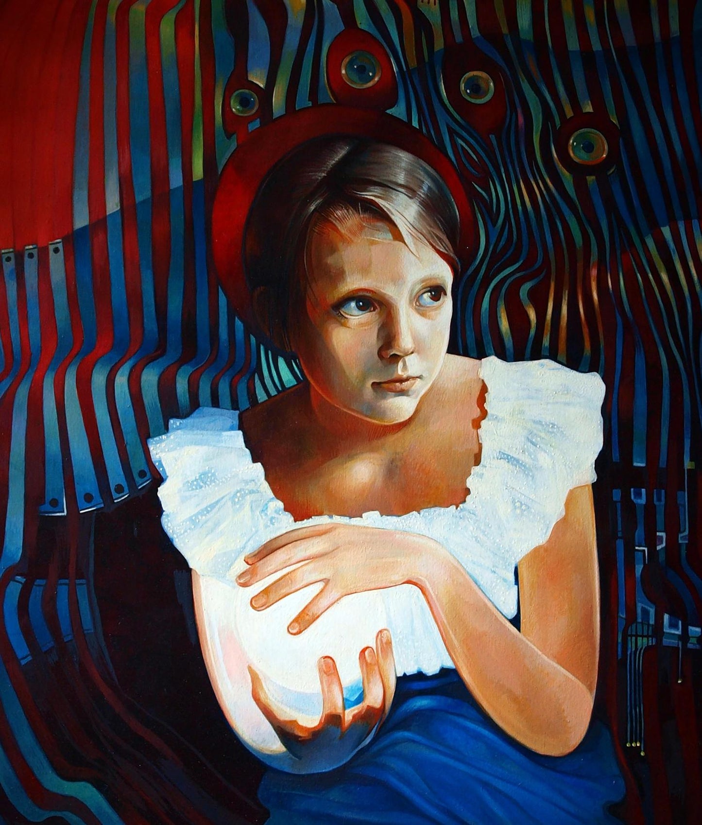 Oil painting Paramatma Konsta G. Amelinn: girl in blue dress holds glowing orb