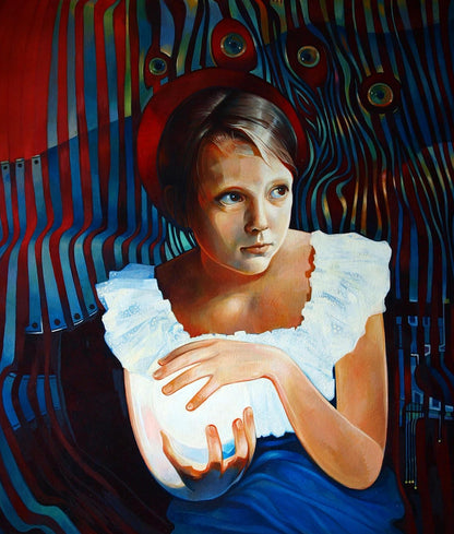 Oil painting Paramatma Konsta G. Amelinn: girl in blue dress holds glowing orb