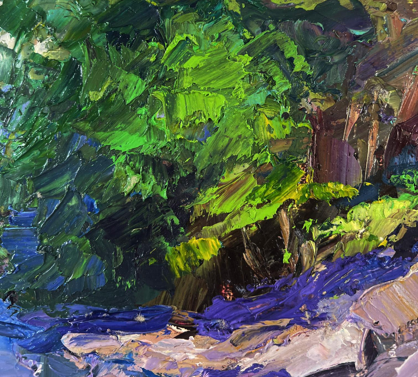 Vibrant impressionist oil painting of mountain river in lush forest by Boris Serdyuk