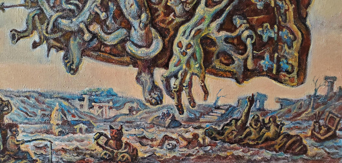 Oil painting Ancient Sea Visions by Daniil Litvinov: grotesque creature above ruins