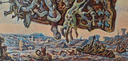 Oil painting Ancient Sea Visions by Daniil Litvinov: grotesque creature above ruins