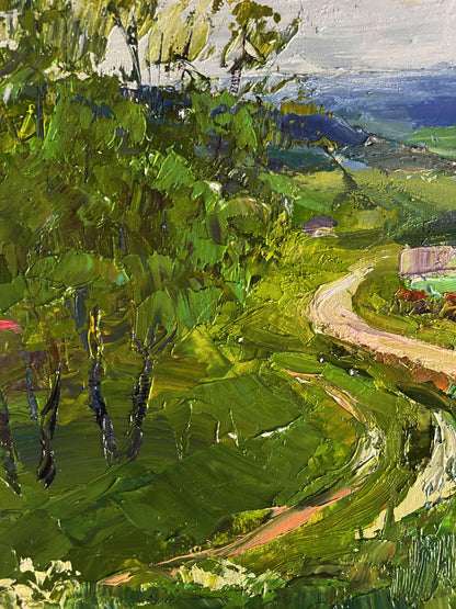 Vibrant impressionist oil painting by Boris Serdyuk: wavy road in lush green hills and blue mountains