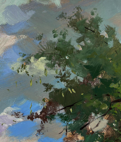 Oil painting of river near village by Yuriy Suprunchuk with green foliage and blue sky