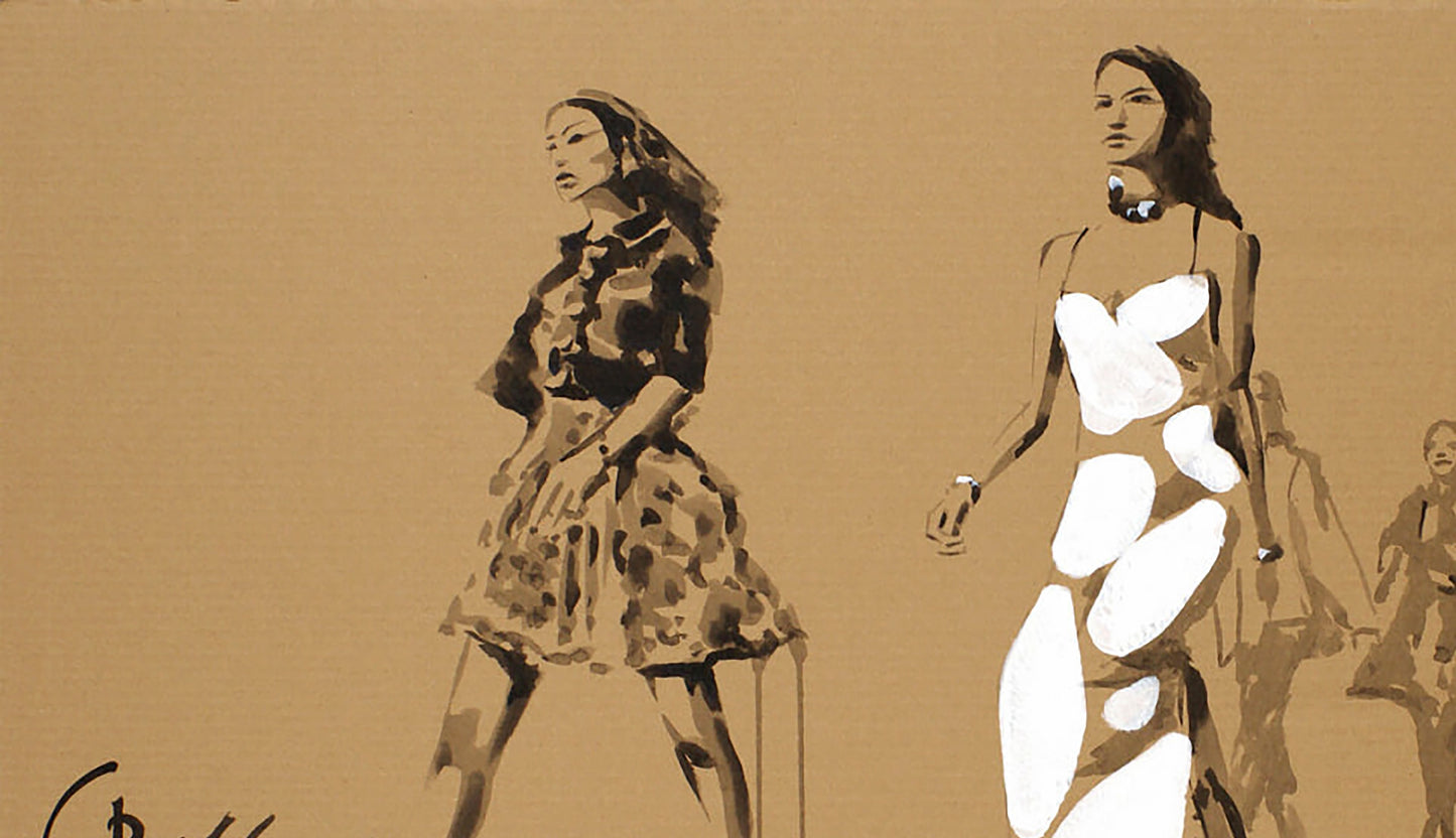 Stylized acrylic painting Cross The Street by Dima Filatov: two women in chic outfits
