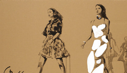 Stylized acrylic painting Cross The Street by Dima Filatov: two women in chic outfits
