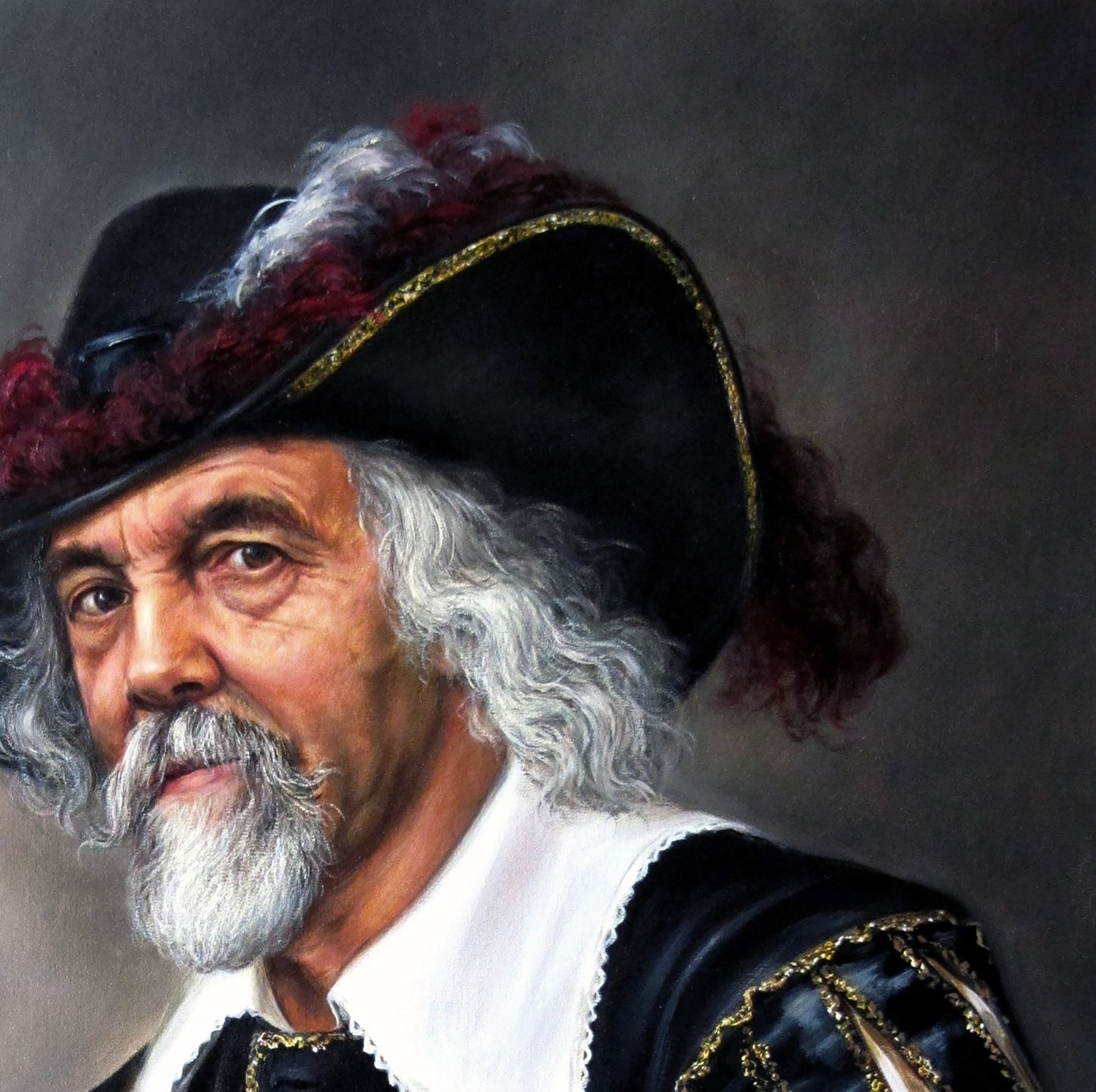 Oil painting portrait of elderly man in feathered hat by Valeriy Bulat