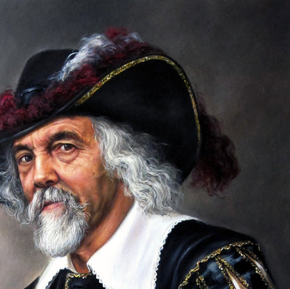 Oil painting portrait of elderly man in feathered hat by Valeriy Bulat