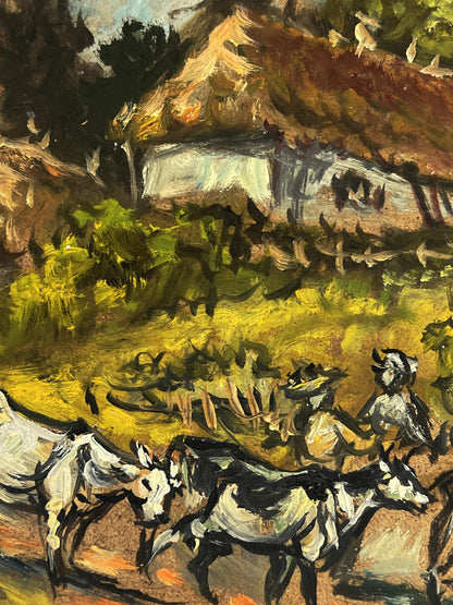 Vibrant impressionist oil painting of village cows in field by Alexander Litvinov