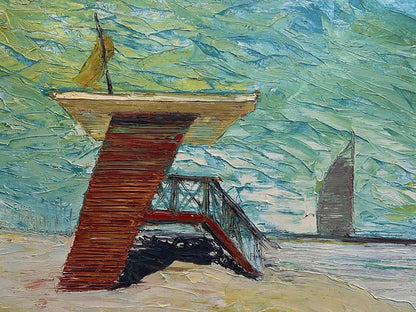 Impressionistic oil painting of Praia de Golfo lifeguard tower by Serhiy Kovalev
