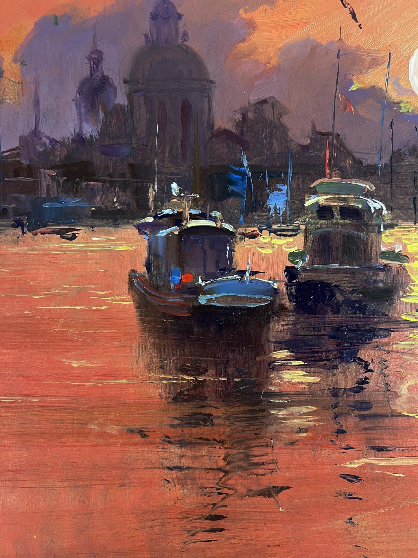 Oil painting of ferry in romantic sunset by Yuriy Suprunchuk