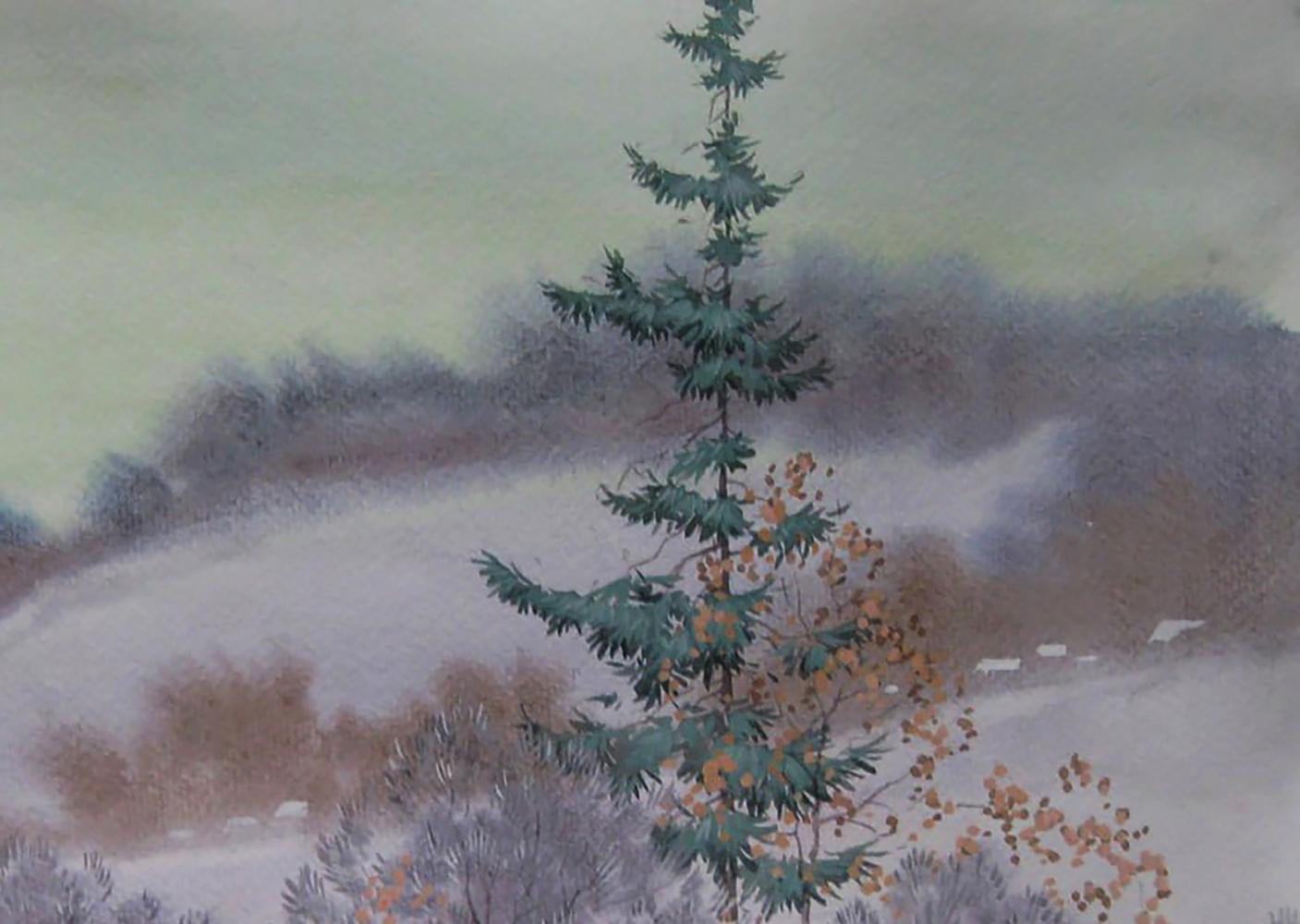 Watercolor painting of tall evergreen in misty winter hills by Valery Savenets