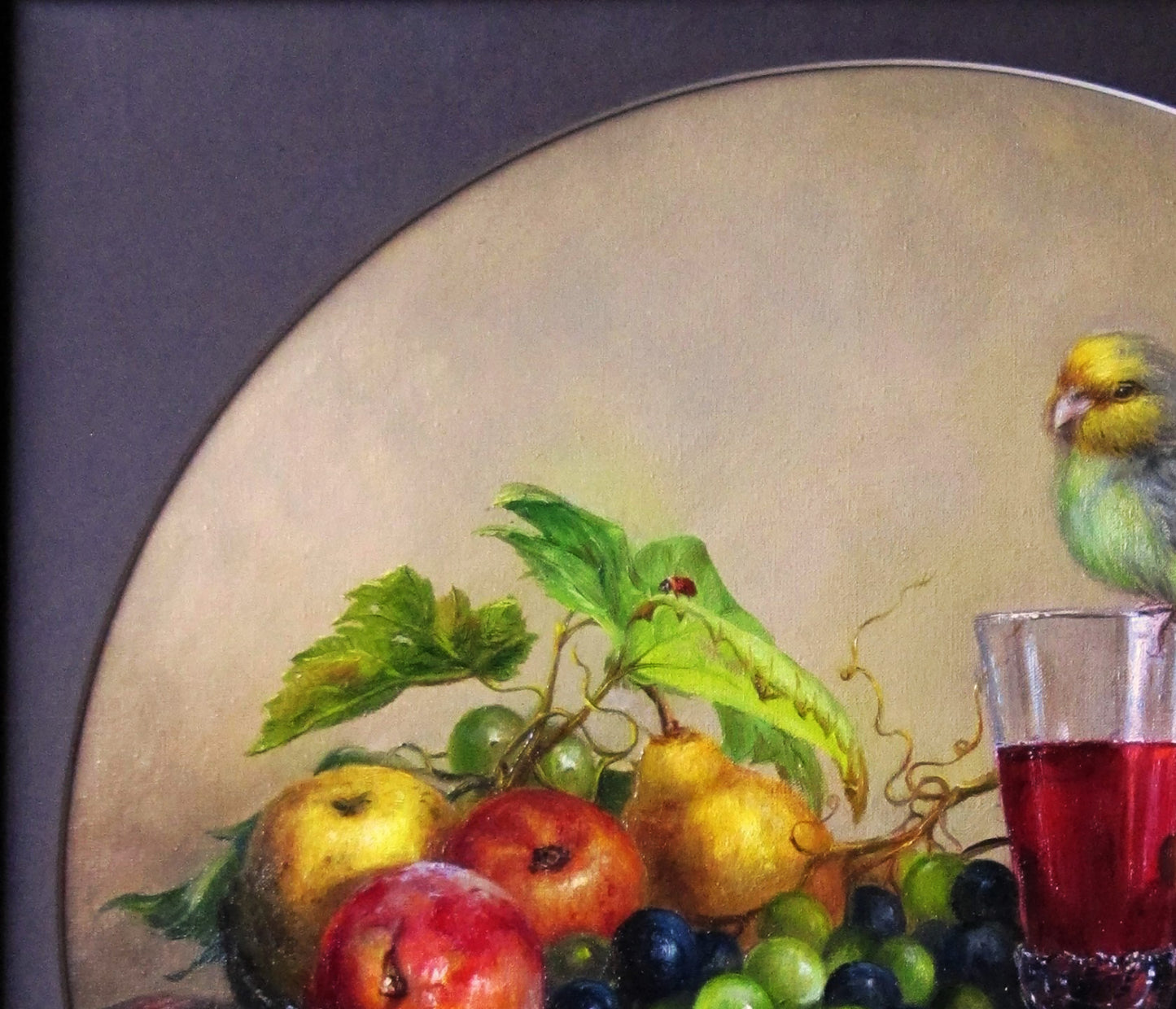 Oil painting Yummy treats Valeriy Bulat: colorful parrot with wine, fruits