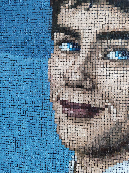 Mosaic portrait of smiling blue-eyed man in Oksana Sklym oil painting style
