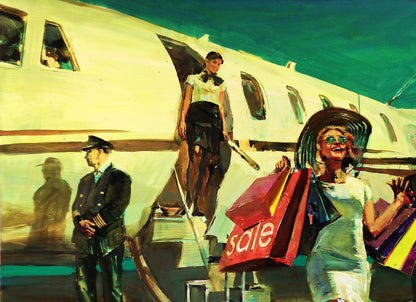 Oil painting by Charter Ed Potapenkov: woman in white dress, hat, sale bags