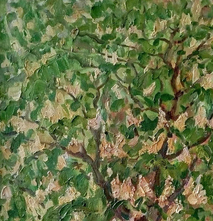 Oil painting of Chestnut blossoms by Leonid Pavlenko, textured green tree