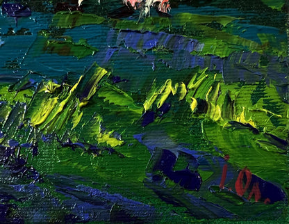 Oil painting Night Meadows by Oleksiy Ivanyuk: vibrant green blue strokes yellow highlights