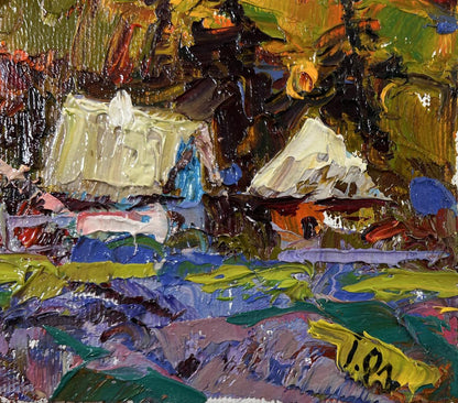 Vibrant oil painting The sun is setting by Oleksiy Ivanyuk with bold green yellow blue strokes