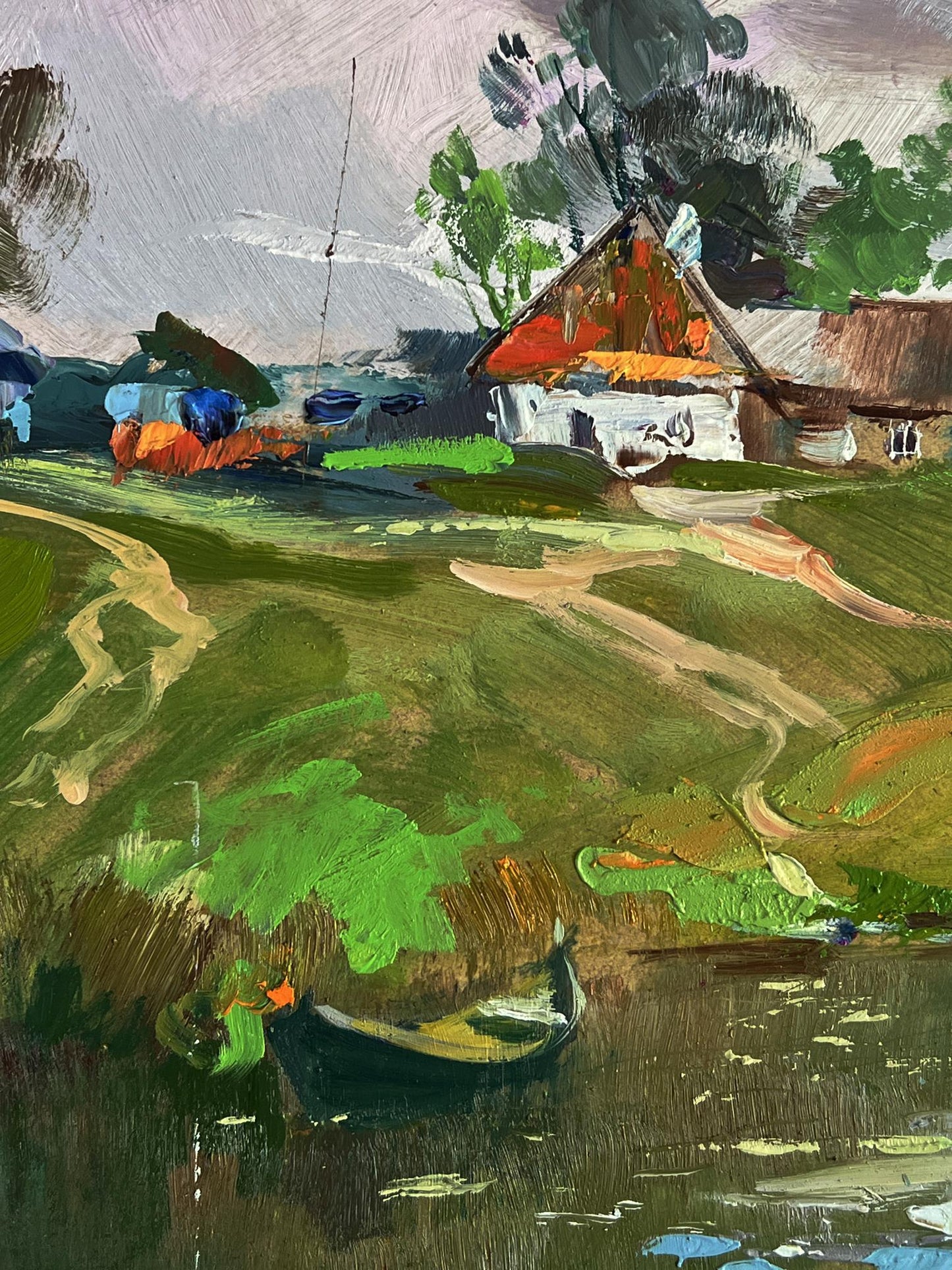 Oil painting of river near Yuriy Suprunchuk village with rustic house
