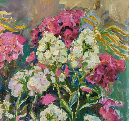 Oil painting Flowers of July by Leonid Pavlenko: pink white hydrangeas