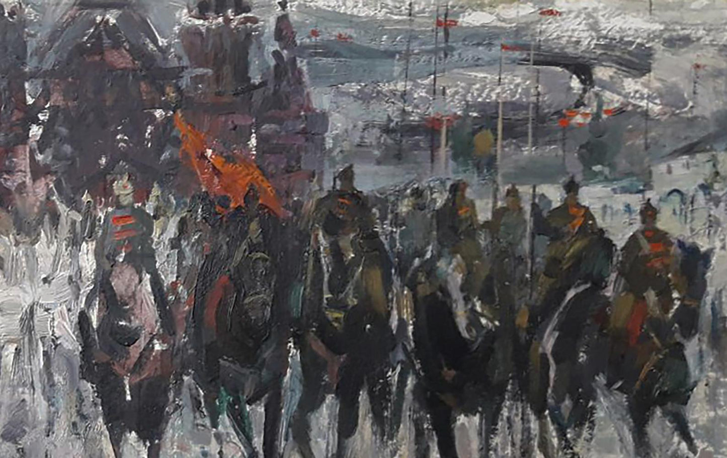 Abstract expressionist oil painting of horse parade on Red Square by Vasily Korkishko