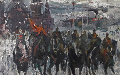 Abstract expressionist oil painting of horse parade on Red Square by Vasily Korkishko