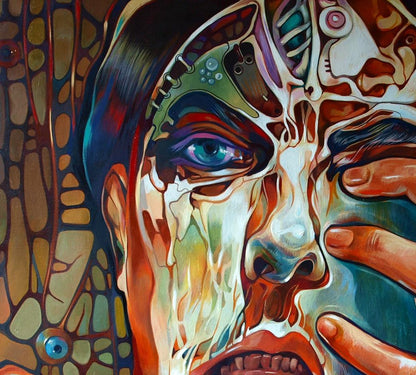 Surreal oil portrait by Konsta G. Amelinn with vibrant mechanical face