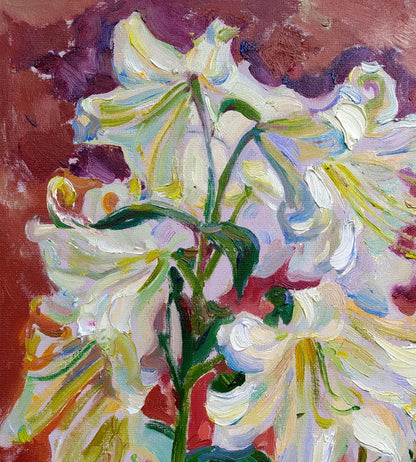 Oil painting Lilies by Leonid Pavlenko: expressive white lilies on canvas