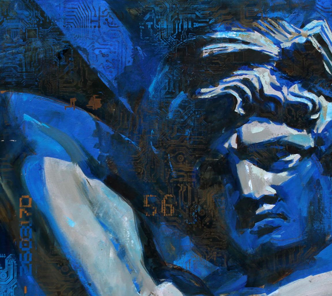 Stylized blue white oil painting Atlant Ed Potapenkov with circuit patterns
