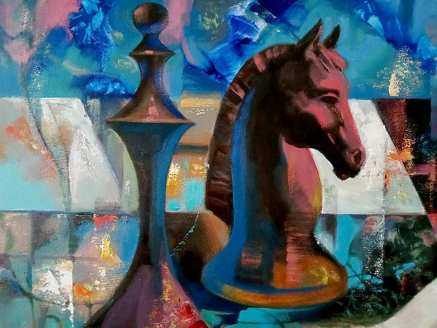 Stylized blue bronze chess knight by Anatoly Tarabanov oil painting queen