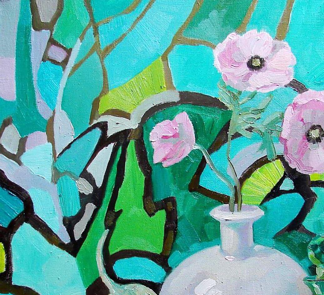 Oil painting Emerald still life by Tatyana Shulyak: white vase with pink anemones