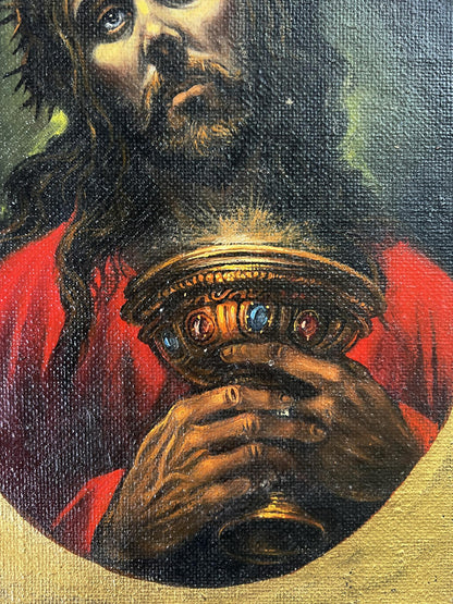 Oil painting portrait of Jesus holding gilded chalice with gems by Alexander Litvinov