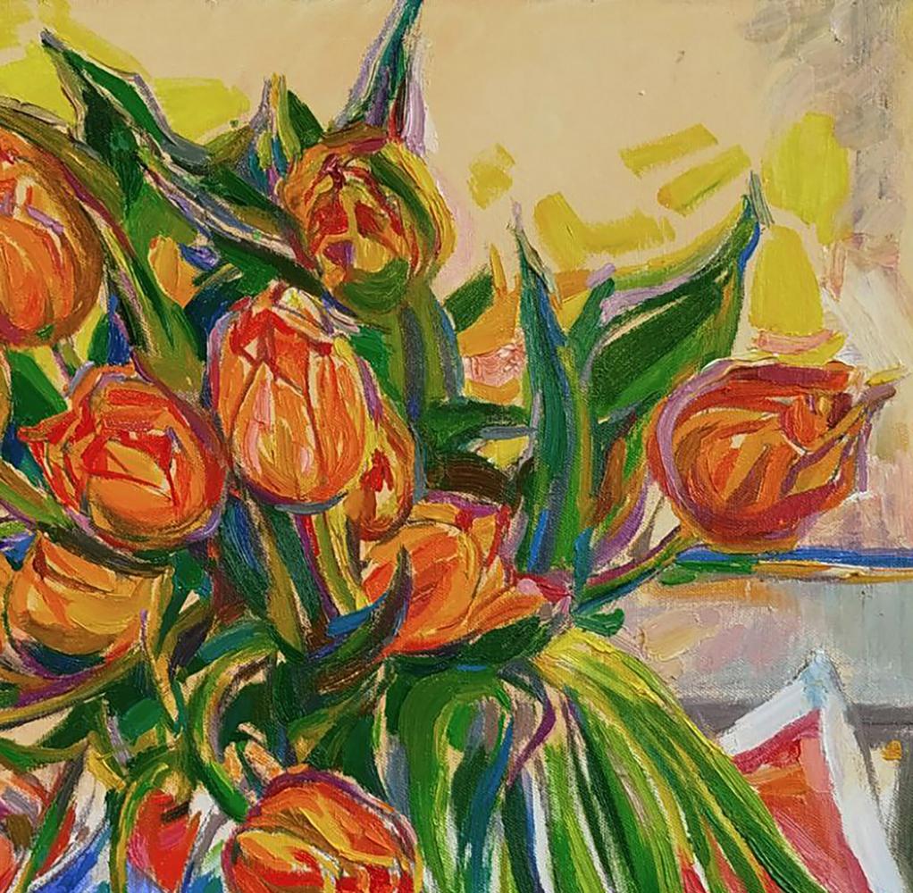 Oil painting of vibrant orange yellow tulips by Leonid Pavlenko