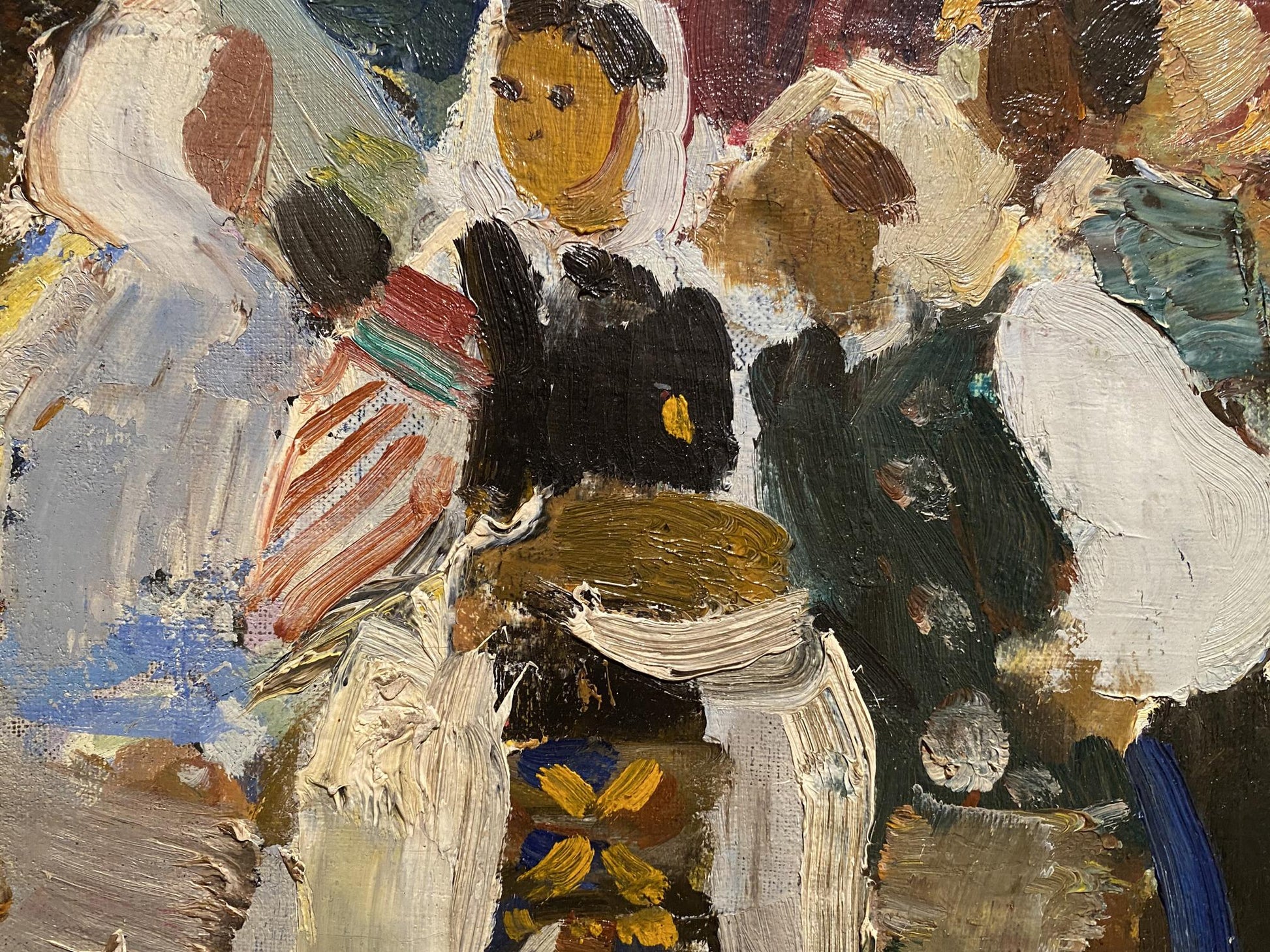 Textured oil painting sketch by unknown artist, expressive figure in white black attire