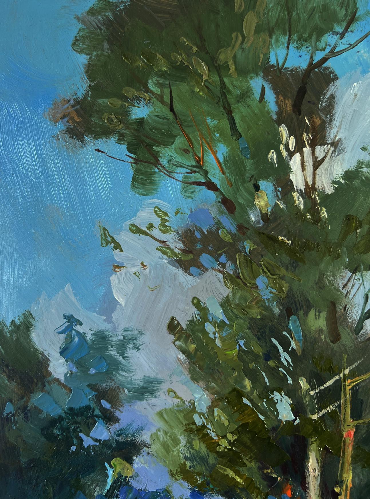 Vibrant impressionist tree painting by Yuriy Suprunchuk, lush green foliage, blue sky