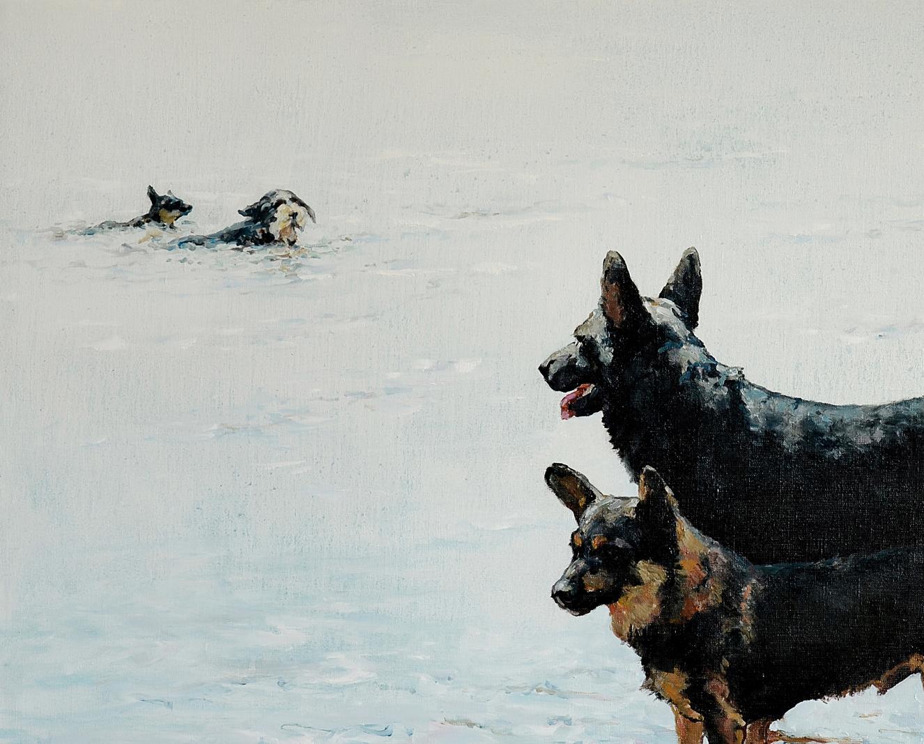 Watercolor German shepherds by Oleg Kateryniuk swimming in snowy landscape