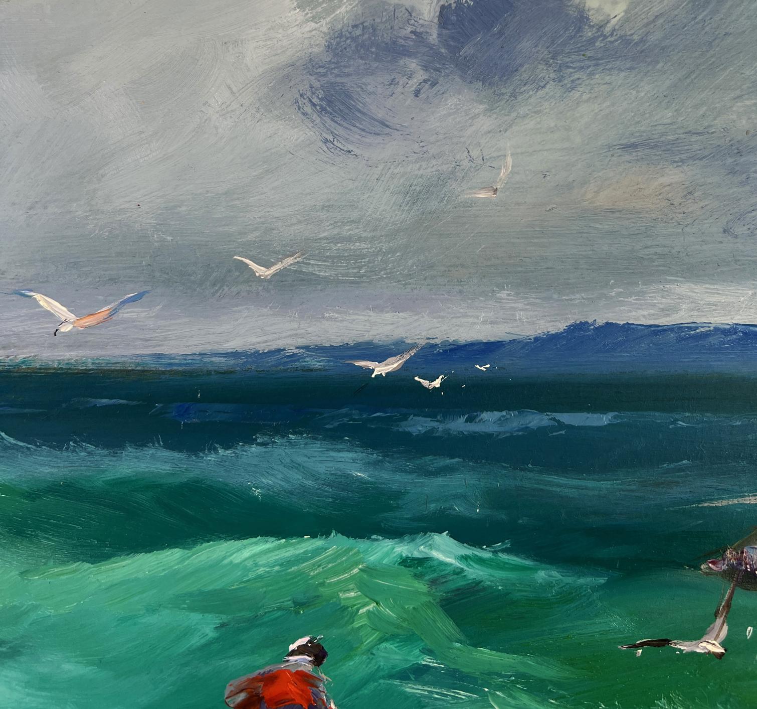 Oil painting Fishermen at Sea by Yuriy Suprunchuk with turbulent teal waves