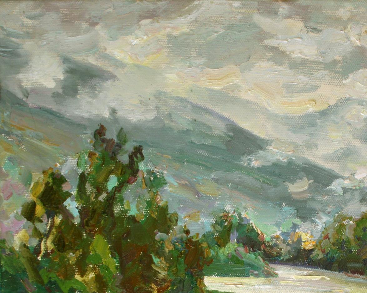 Oil painting of mountain river by Leonid Pavlenko with lush green foliage