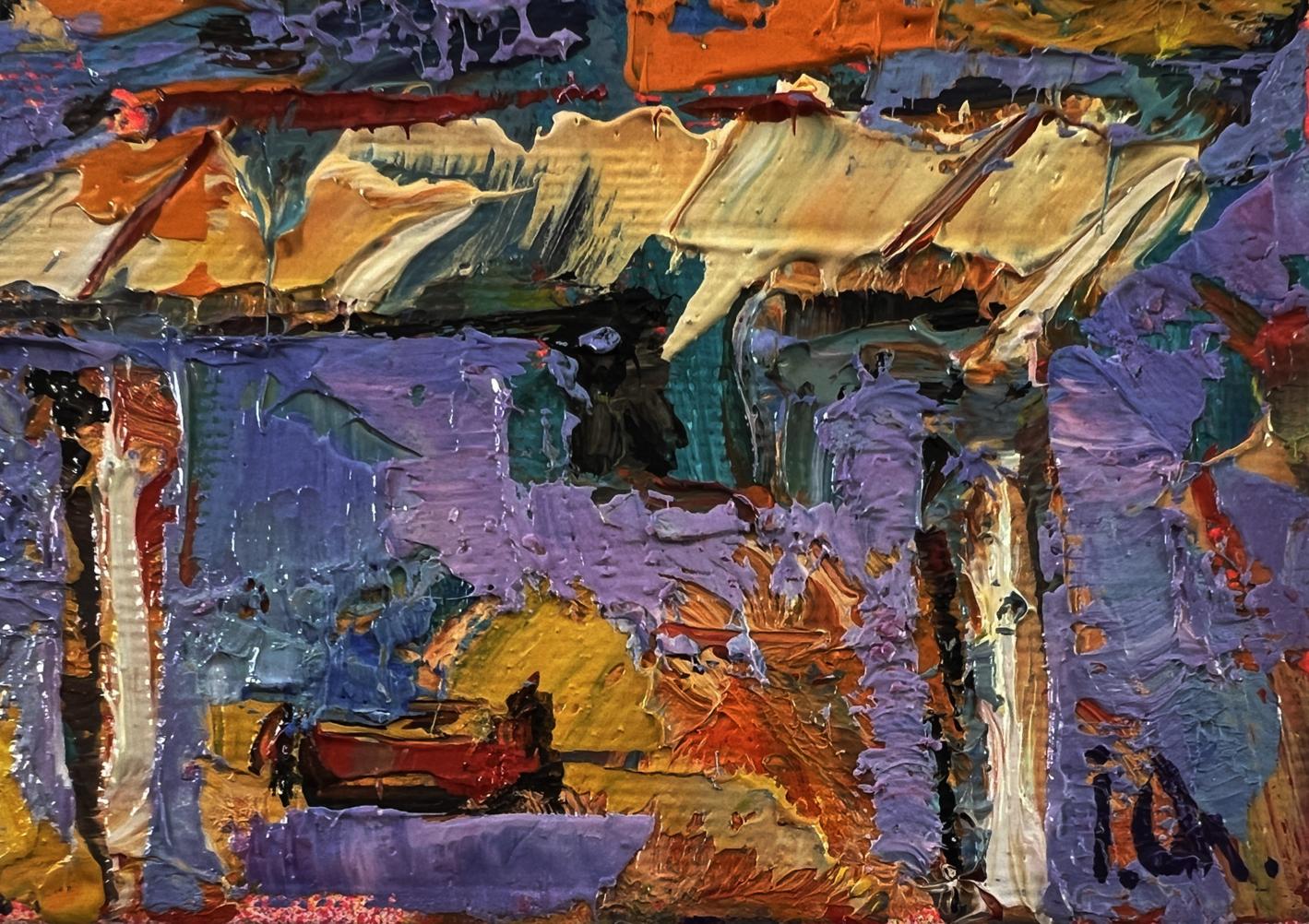 Oil painting Evening over the city by Oleksiy Ivanyuk, vibrant abstract purples oranges blues