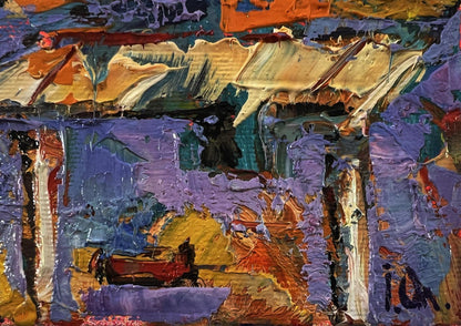 Oil painting Evening over the city by Oleksiy Ivanyuk, vibrant abstract purples oranges blues