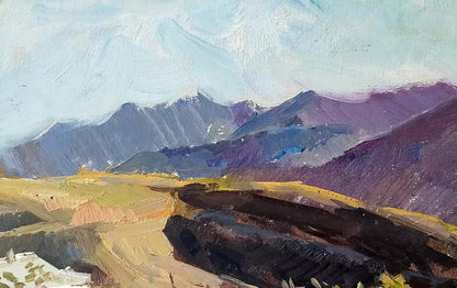 Purple blue mountain range with brushstrokes in Houses in the Valley by Oleksandr Andreev