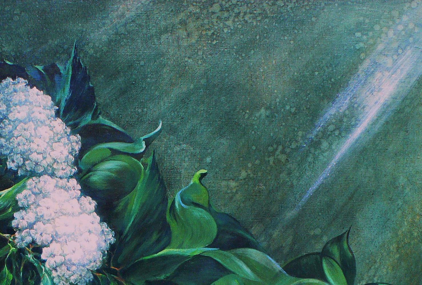 Delicate white hydrangeas in lush green leaves, Vasily Korkishko oil painting