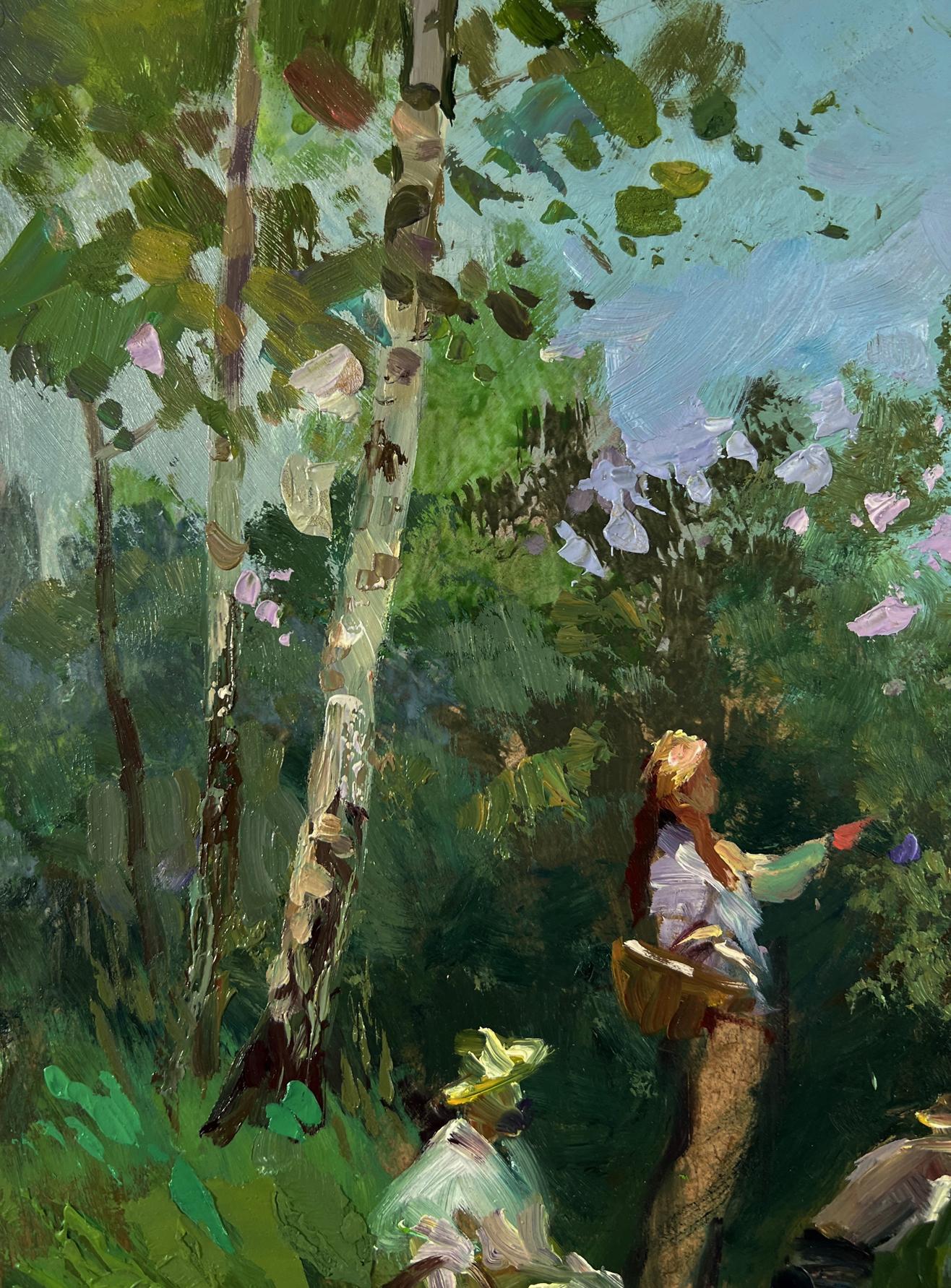 Woman in light dress holds basket under birch trees in Yuriy Suprunchuk oil painting