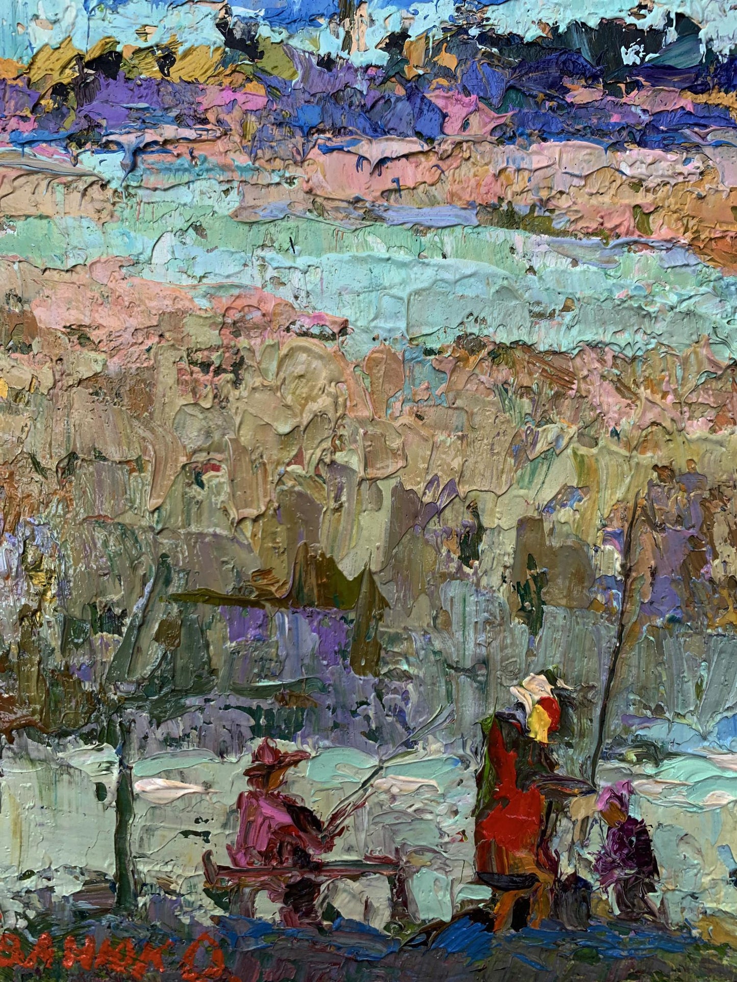 Oil painting Fishing with friends by Oksana Ivanyuk vibrant landscape