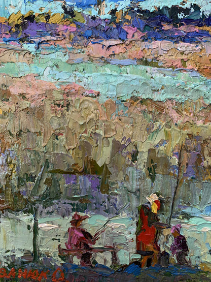 Oil painting Fishing with friends by Oksana Ivanyuk vibrant landscape