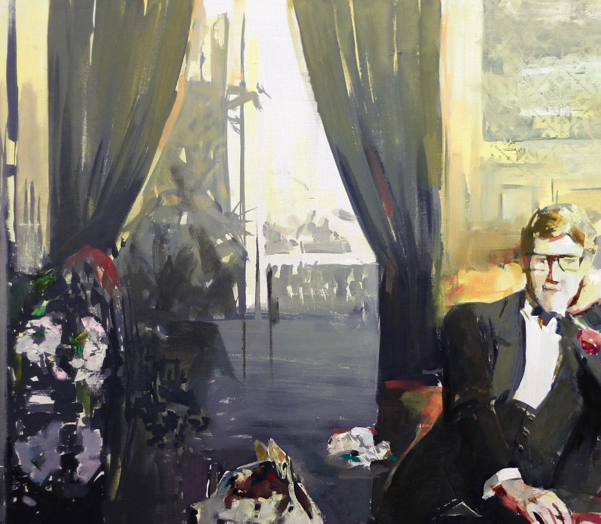 Oil painting by LORAN Ed Potapenkov: man in tuxedo with rose and glasses
