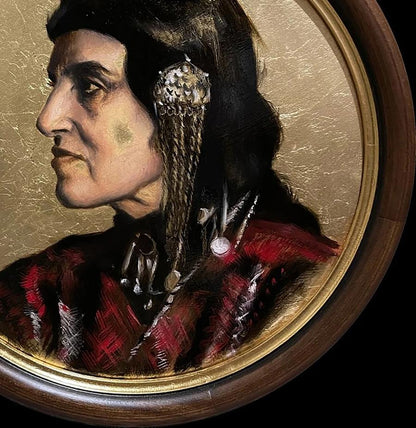 Oil painting portrait of Armenian woman Annam Butt in ornate silver gold headdress
